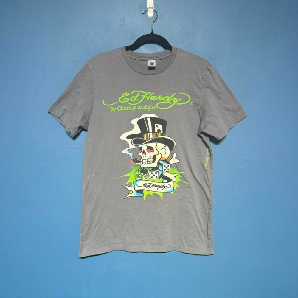 Ed Hardy T Shirt Men's Size Large Gray Green Skull Crewneck 100% Cotton Punk Y2K